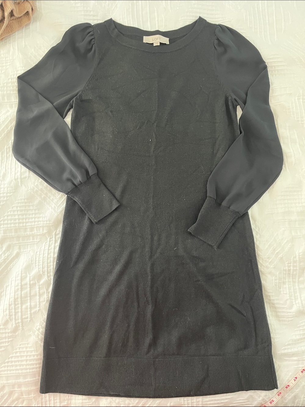 LOFT Black Long-Sleeve Puff-Sleeve Knit Dress with Sheer Sleeves